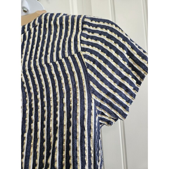 Torrid Sz 0 US 12 Gold Lurex Stripe and Navy Blue Short Sleeve Top Buttons Vneck - Picture 5 of 8
